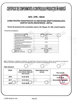 Certificat de Conformitate a Controlului Productiei in Fabrica: Lemn pentru constructii cu sectiune dreptunghiulara. Pag.2